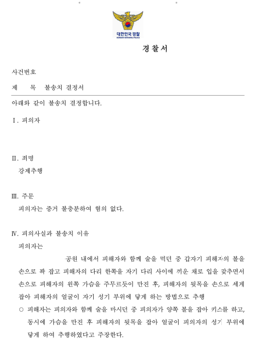 강제추행 혐의 증거불충분 혐의없음 불송치