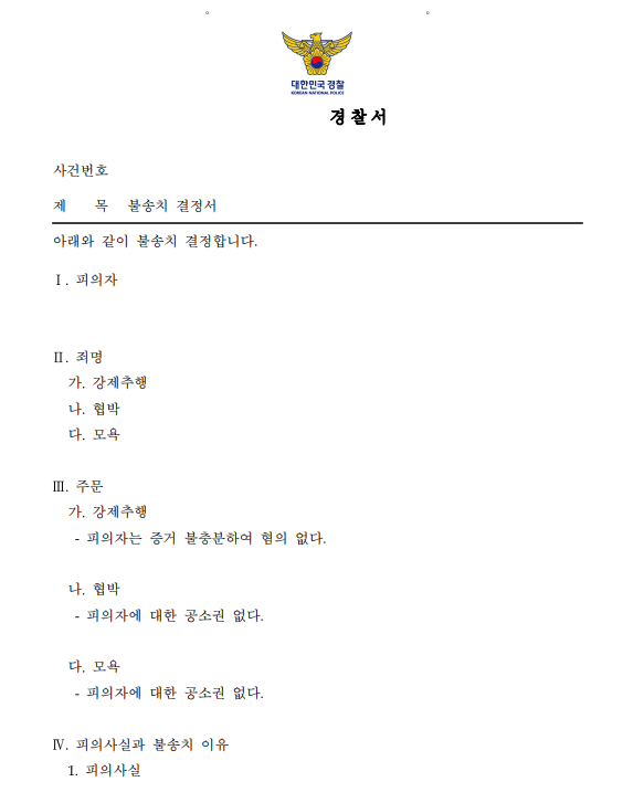 강제추행 협박 모욕 혐의 전부 불송치 결정