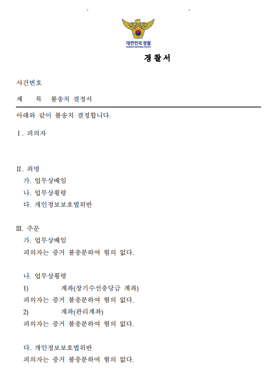 아파트 관리비 업무상횡령 배임 혐의 전부 혐의없음 불송치