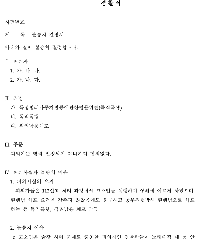 [부산] 술값 시비로 출동한 경찰관, 독직폭행·직권남용체포 혐의 모두 불송치