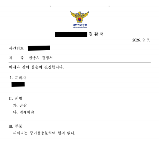 000만 원 공갈·명예훼손 혐의, 두 혐의 모두 불송치 결정