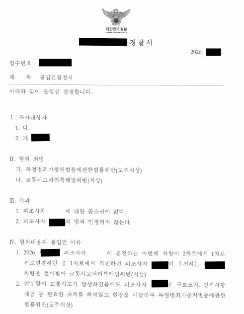 차로 변경 중 교통사고, 도주치상 혐의 불입건 결정